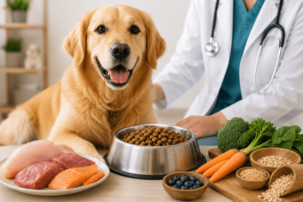 Dog Foods Recommended by Vets for Better Canine Health Happy dog with nutritious meal setup